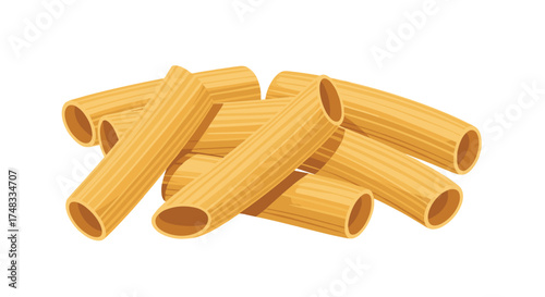 A close-up image of a pile of dry tubular pasta shapes commonly known as rigatoni.
