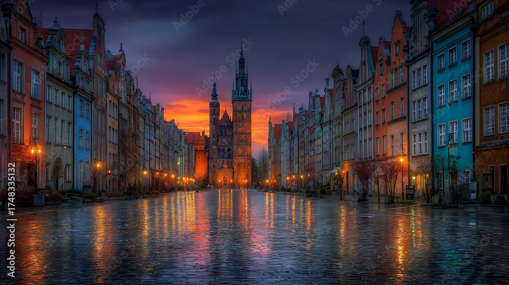 Fototapeta premium A waterway reflects the colorful buildings under a dramatic sky, creating a captivating urban scene.
