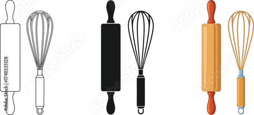 Rolling pin and whisk set kitchen utensils in vector format perfect for culinary designs and baking illustrations
