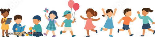Cute flat vector of diverse children in preschool activities: reading, stacking blocks, pinwheel play, balloons, running, dancing, and waving; ideal for classroom posters and learning materials.