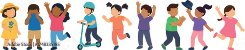 Cute flat vector of diverse children playing and moving: flower gift, shushing, cheering, scooter ride with helmet, joyful jumps, hat toss, waving and dancing; ideal for preschool materials.