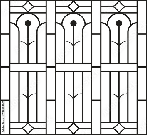 Classic wrought iron gate design with symmetrical floral and geometric elements, a seamless vector pattern for security fences. 423