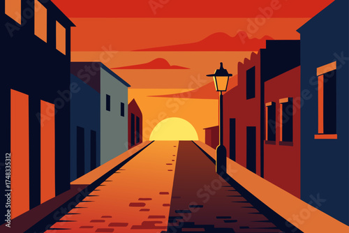 Stylized cityscape at sunset with a lone street lamp