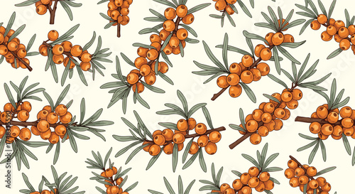 A vibrant pattern of sea buckthorn berries and leaves showcasing their health benefits.
