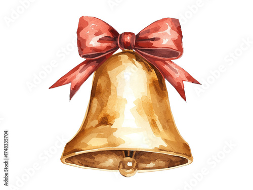 Golden Christmas bell with watercolor texture and a festive red ribbon, perfect for holiday cards and seasonal designs that evoke warmth and nostalgic cheer