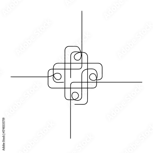 Abstract cross-shaped knot in continuous line art, black and white, representing network and complexity, with copy space