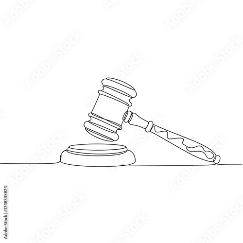 Judge's gavel in continuous line art, black and white, symbolizing law and justice, with copy space