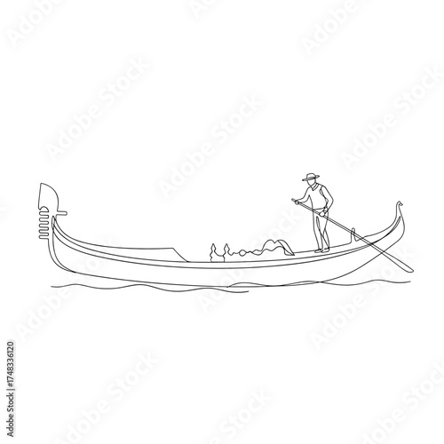 Gondolier rowing a boat in continuous line art, representing romantic travel in Venice, on the water with copy space