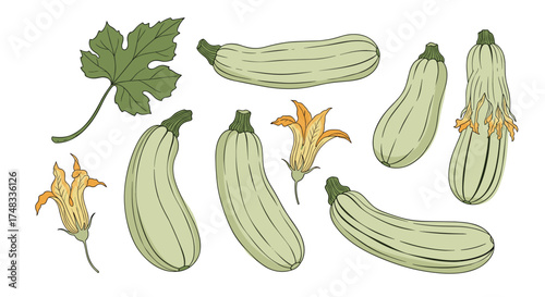 A collection of fresh green zucchini and delicate yellow squash blossoms on a white background.