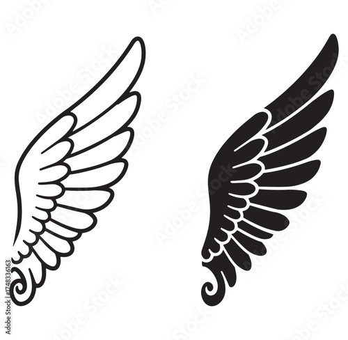 Elegant black and white vector illustration of two detailed angel wings on white background