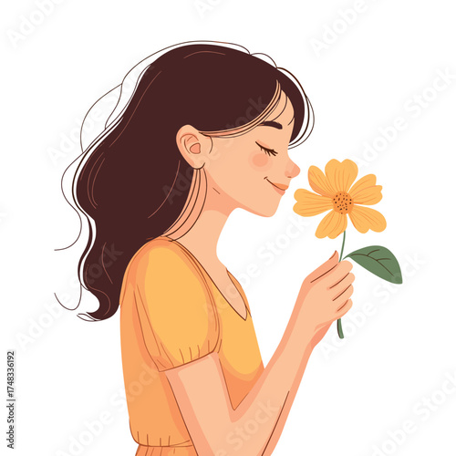 happy young woman smells a flower isolated vector illustration