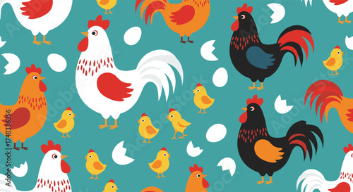 A vibrant repeating pattern of colorful roosters hens and baby chicks on a teal background with scattered white eggs and eggshells.