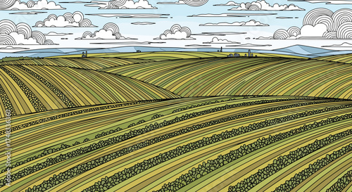 Rolling green hills stretch across the landscape under a cloudy sky.