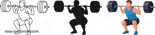 Man doing barbell squats vector illustration in outline silhouette and color for fitness and exercise concepts