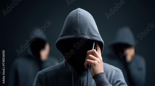 Group of scammer wearing a hoodie is talking on a cell phone, fraud and criminal concept