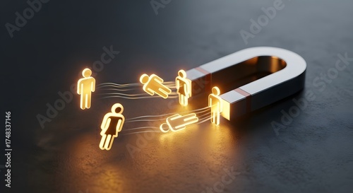  3D magnet attracting glowing person symbols for marketing attraction and leadership