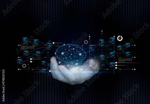  Artificial intelligence brain and data network in human hand, digital technology and innovation concept