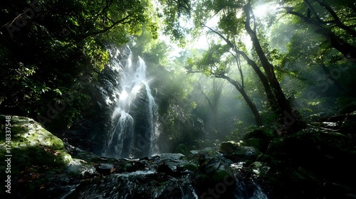 Sunlit Forest Waterfall: Radiant Rays Pierce Lush Greenery. Serene Natural Landscape with Cascading Water & Mystical Ambiance.