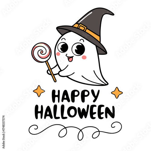 Cute Cartoon Halloween Ghost with Witch Hat and Lollipop – Adorable Happy Halloween Vector Illustration for Kids, Party, Greeting, and Decoration
