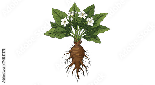 A fascinating plant with delicate white flowers and an intricately branched root system is depicted here.