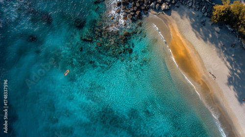 Aerial view of a wild beach at sunset