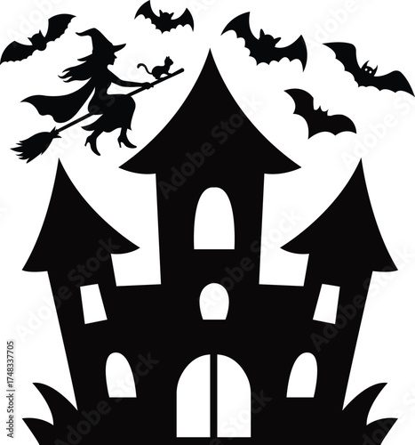 Silhouette of a Halloween castle against a white background, featuring pointed towers and a spooky atmosphere.