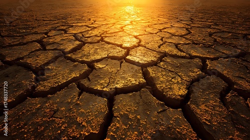 Golden Glow on Cracked Earth: Arid Landscape Reflecting Drought & Environmental Challenges
