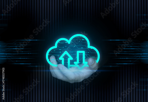  Artificial intelligence brain and data network in human hand, digital technology and innovation concept