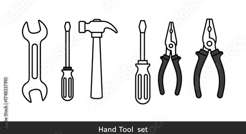 Minimalist hand tool collection: hammer, wrench, screwdriver, pliers line art