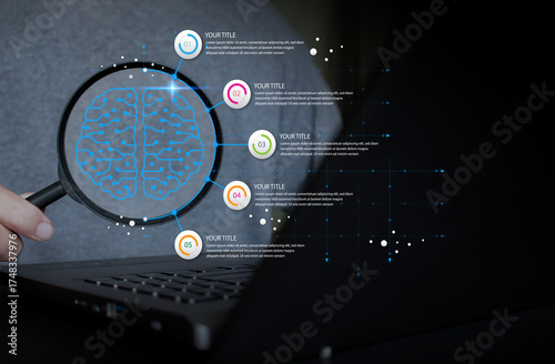  Artificial intelligence data analysis infographic concept with digital brain and magnifying glass on laptop