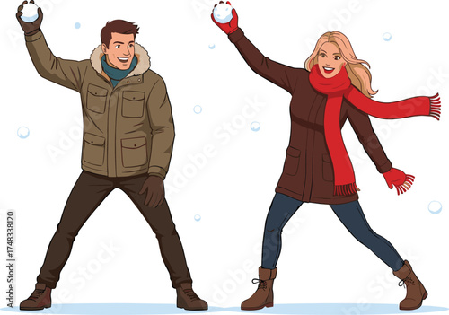 Snowball fight in winter, playful outdoor activity, two people in warm clothes, snowy landscape, fun interaction, seasonal recreation, cold weather scene