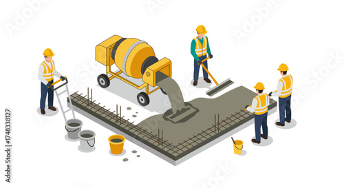 Construction team pouring cement with mixer and tools in isometric style
