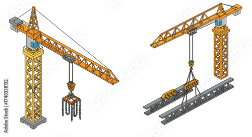 Isometric construction cranes: heavy machinery lifting beams with precision
