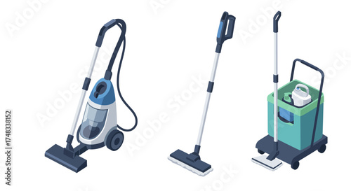 Modern isometric cleaning equipment collection featuring vacuum and mop set