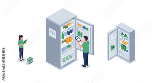 People organizing and checking food in open fridges using digital tablets in isometric style