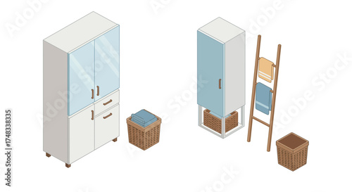 Modern isometric bathroom furniture set with cabinets and towels