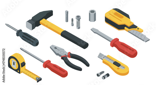 Isometric diy toolkit with hammer, screwdrivers, pliers, and tape measure on white background