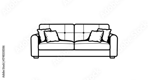 Modern linear sofa with pillows on white background