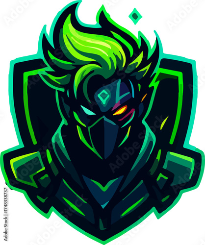Neon Rogue Assassin Mascot – Green Cyber Shield Logo Vector
