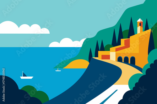 Stylized italian coastal village with colorful buildings and sailboats