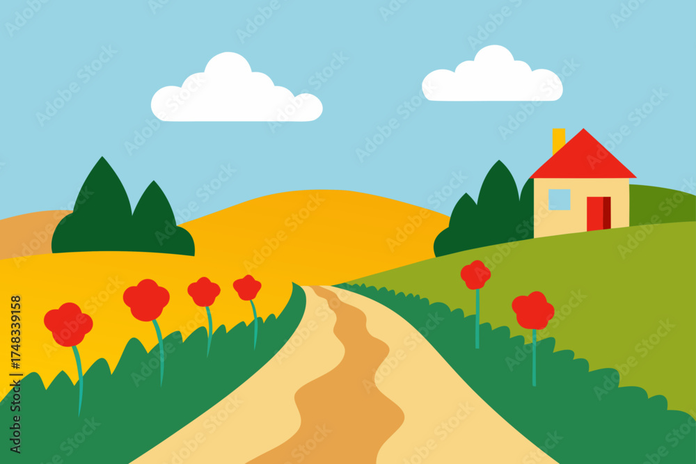 Fototapeta premium Stylized countryside landscape with house and road