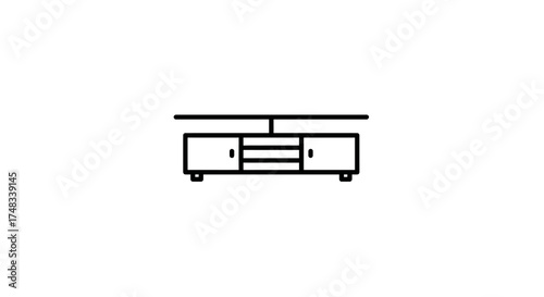 Minimalistic linear tv stand design with cabinet doors and shelves