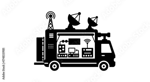 Silhouette of mobile broadcast truck with antennas and control equipment