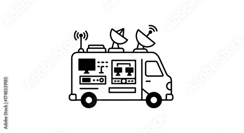 Broadcasting van with satellite dishes and equipment in linear design