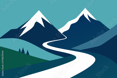 Stylized mountain landscape with a winding road leading to snow capped peaks