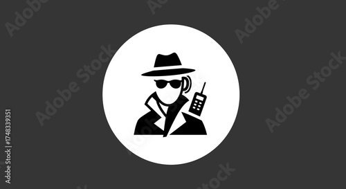 Sleuth icon: modern spy symbol with hat, trench coat, and earpiece on dark circle