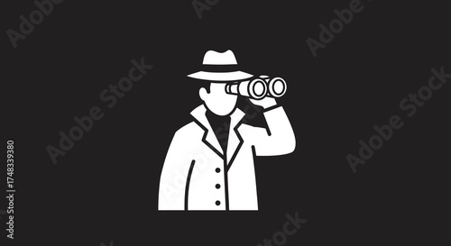 Mysterious spy in trench coat holding binoculars silhouette on black background