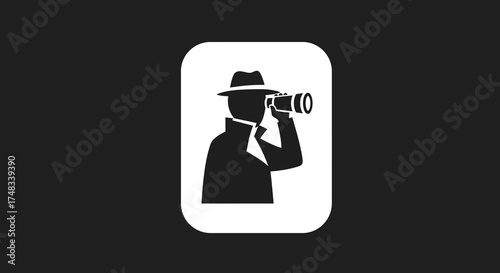 Mysterious spy in silhouette observing through binoculars icon