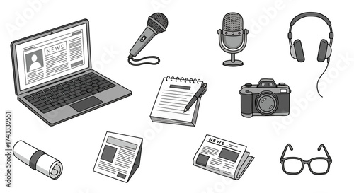 Retro journalism icons in black and white featuring classic media tools