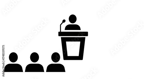 Silhouette speaker at podium with audience: modern conference design